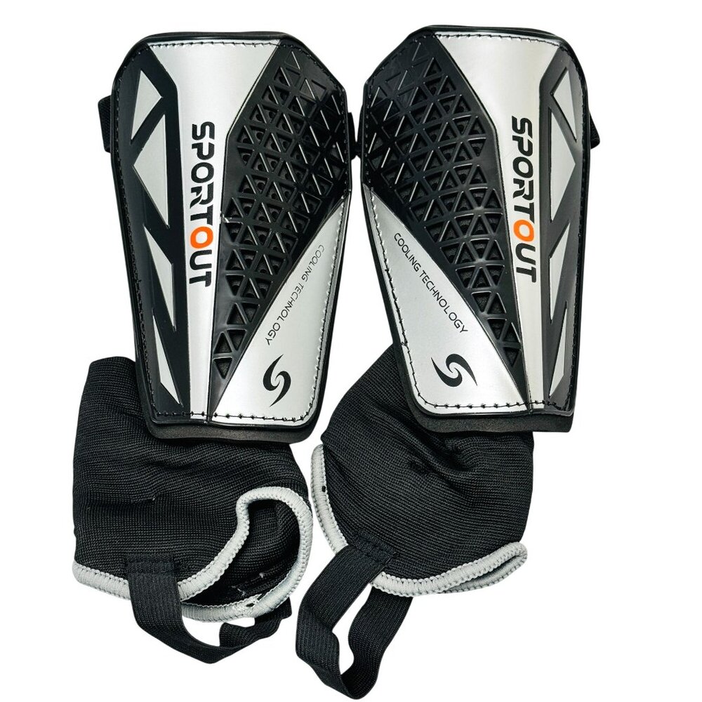 Sportout Shin Guards Youth/Adult Large Black & Silver Protective Gear New